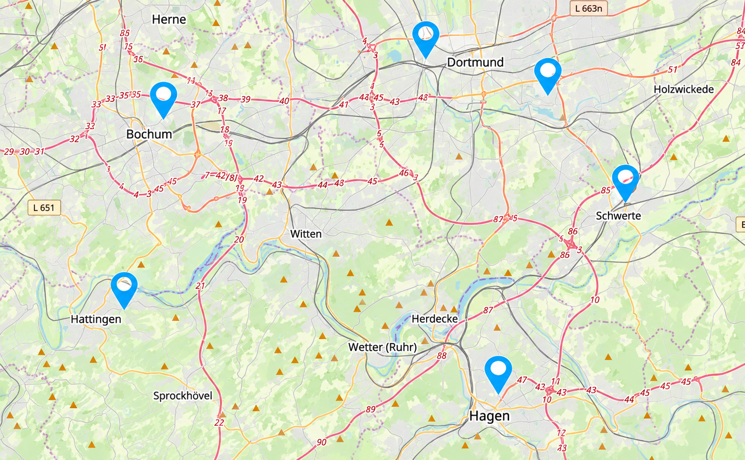 Standortkarte der Monteurunterkünfte rund um Dortmund, Bochum, Schwerte, Hattingen und Hagen